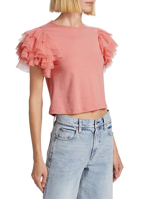 Rylyn Tulle Sleeve Crewneck T-Shirt Rose - Alice + Olivia