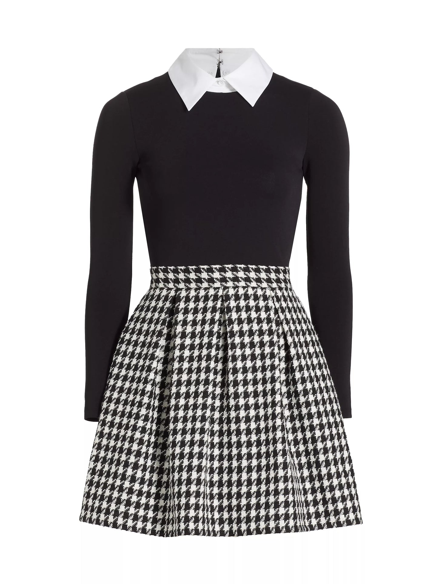 Chara Long Sleeve Pleated Dress With Collar Black & Off White - Alice & Olivia