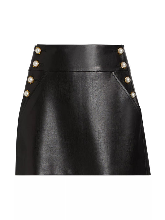 Donald High Rise Vegan Leather Side Button Skirt Black - Alice + Olivia