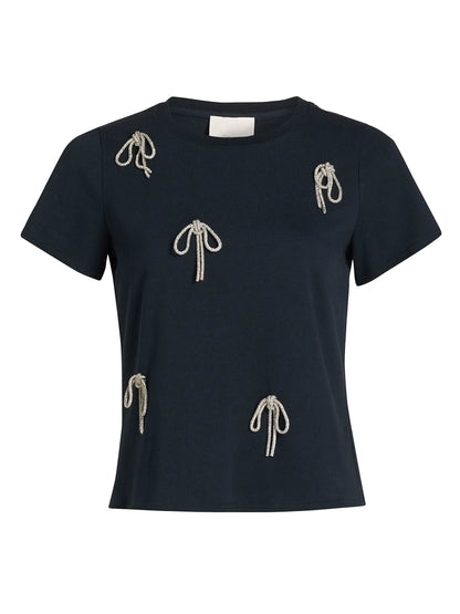 Corded Rhinestone Bow Shrunken Tee Navy - Cinq à Sept