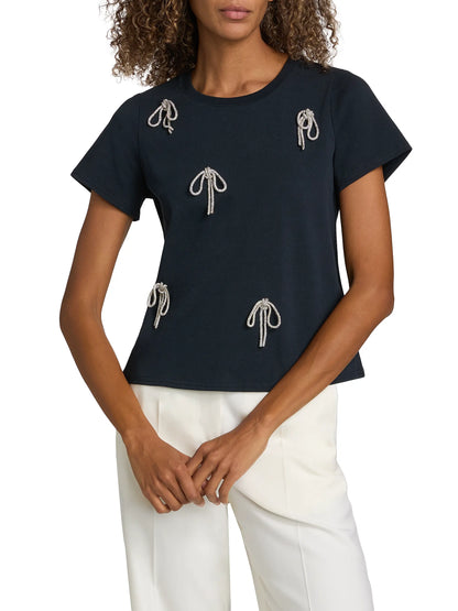 Corded Rhinestone Bow Shrunken Tee Navy - Cinq à Sept