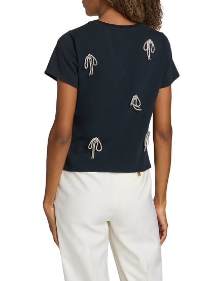 Corded Rhinestone Bow Shrunken Tee Navy - Cinq à Sept