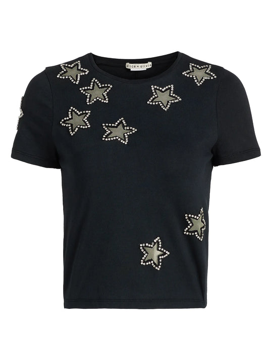 Cindy Crystal Star Cutout Cropped Tee Black - Alice + Olivia