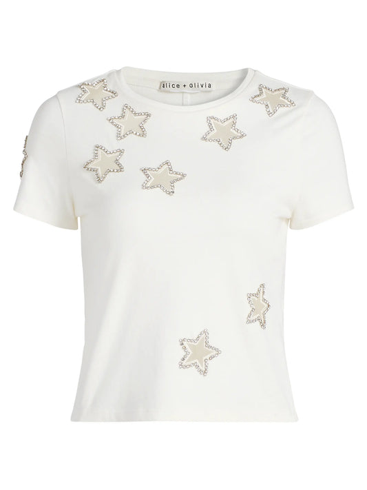 Cindy Crystal Star Cutout Cropped Tee Off White - Alice + Olivia