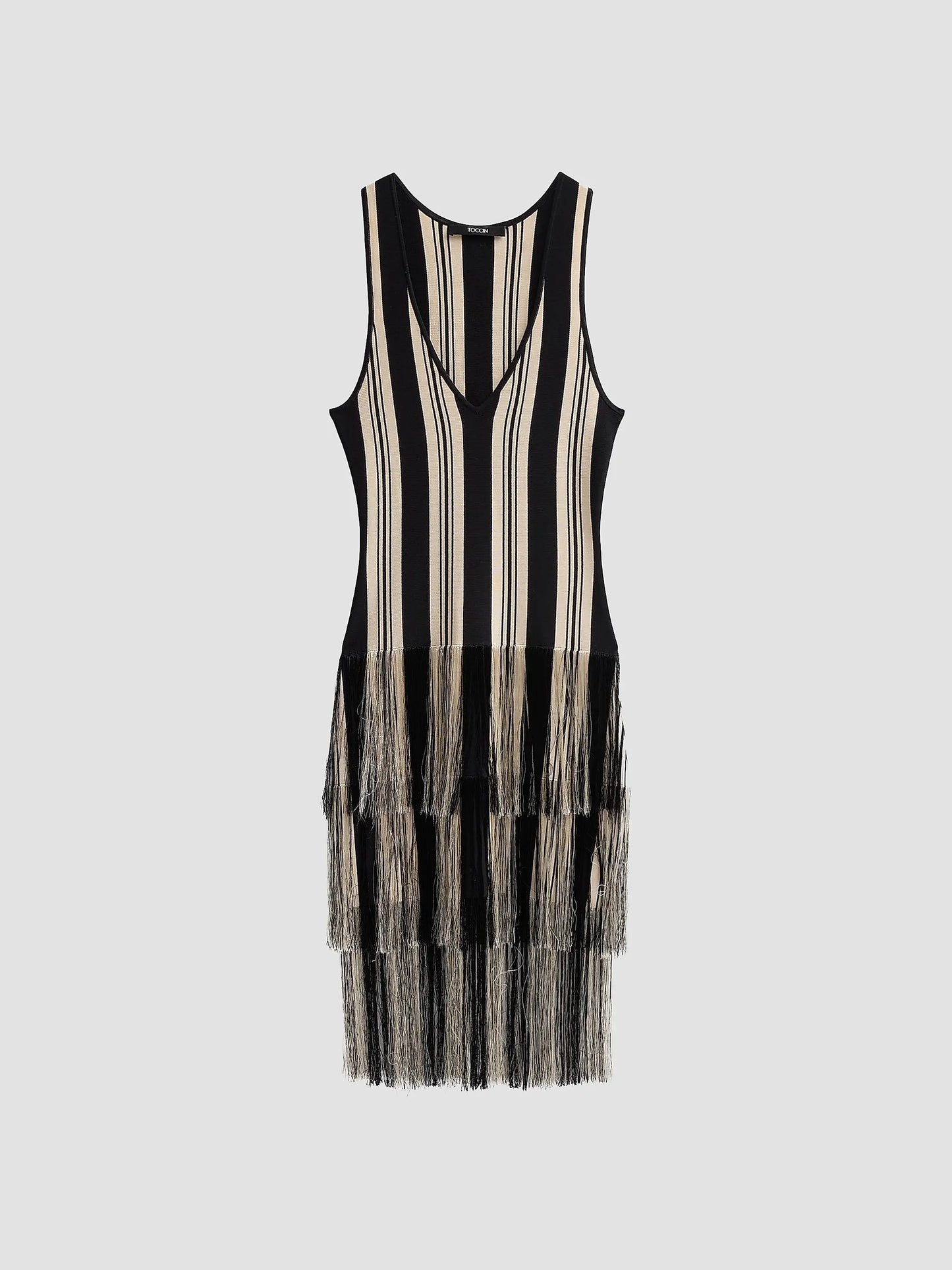 Finley V-Neck Dress With Fringe Jet/Natural Stripe - Toccin