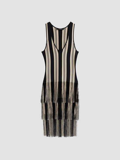 Finley V-Neck Dress With Fringe Jet/Natural Stripe - Toccin
