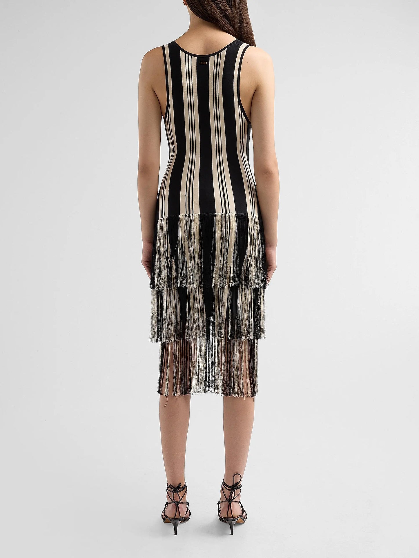 Finley V-Neck Dress With Fringe Jet/Natural Stripe - Toccin