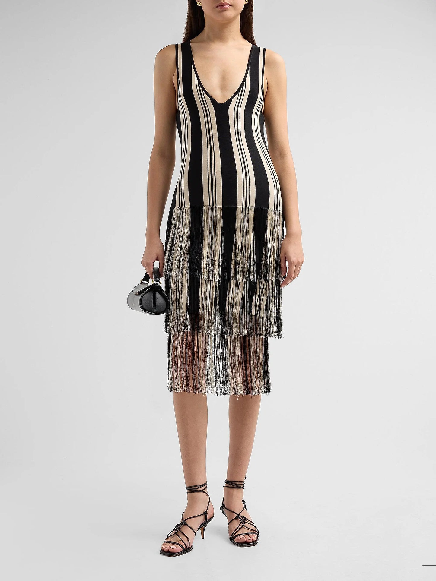 Finley V-Neck Dress With Fringe Jet/Natural Stripe - Toccin