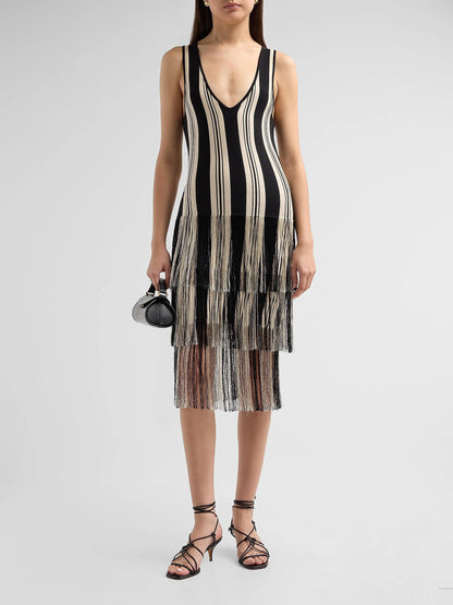 Finley V-Neck Dress With Fringe Jet/Natural Stripe - Toccin