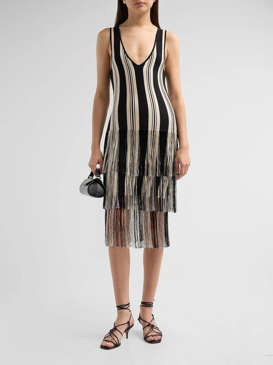 Finley V-Neck Dress With Fringe Jet/Natural Stripe - Toccin