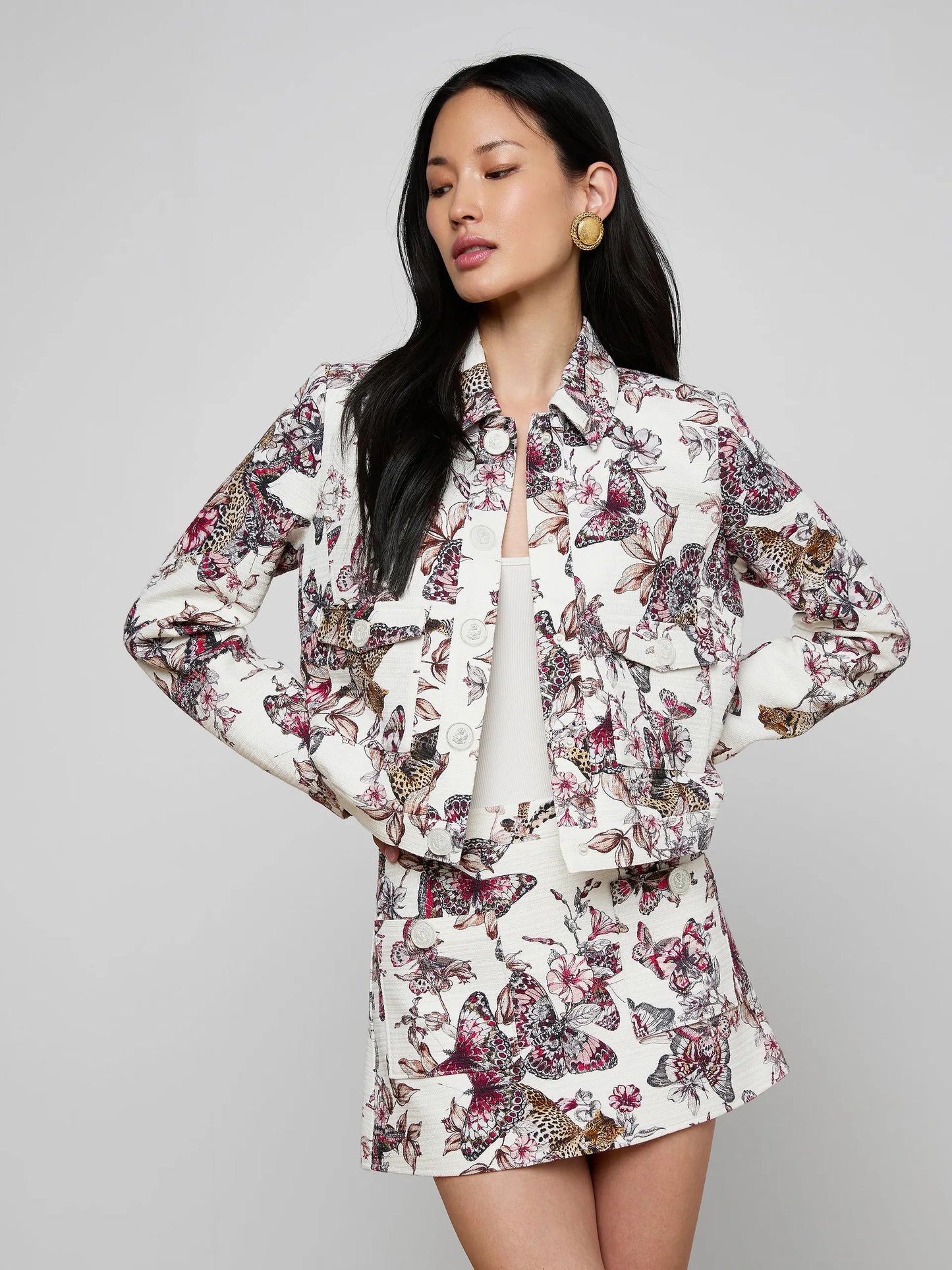 Nyx Cropped Jacket White Multi Large Butterly Jungle - L'AGENCE