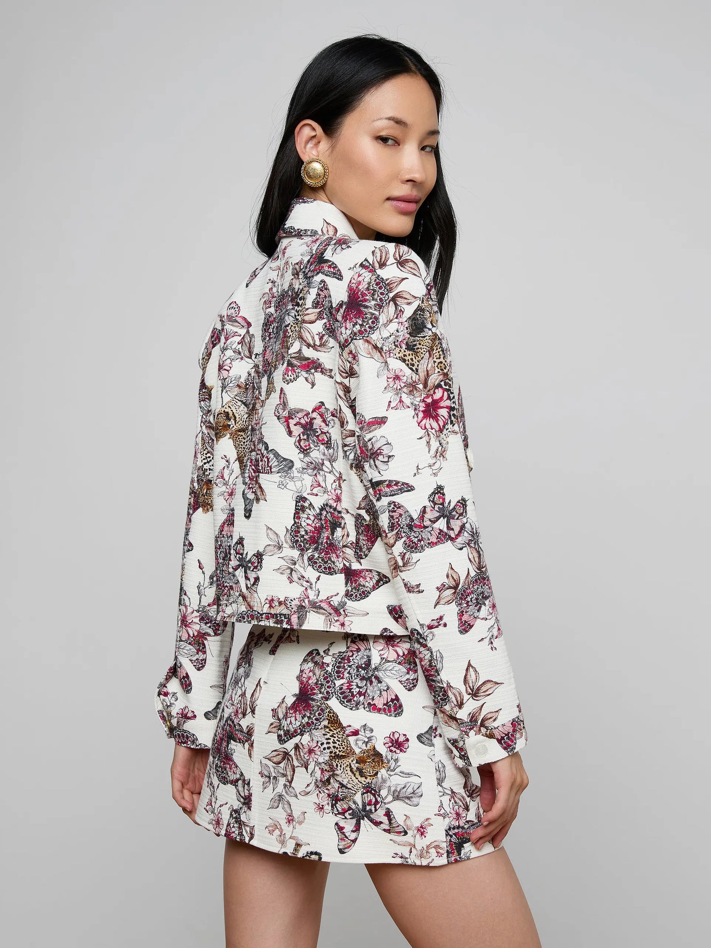 Nyx Cropped Jacket White Multi Large Butterly Jungle - L'AGENCE
