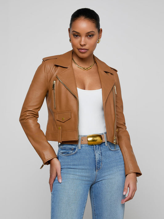 Blakely Leather Biker Jacket Soft Cognac - L'AGENCE