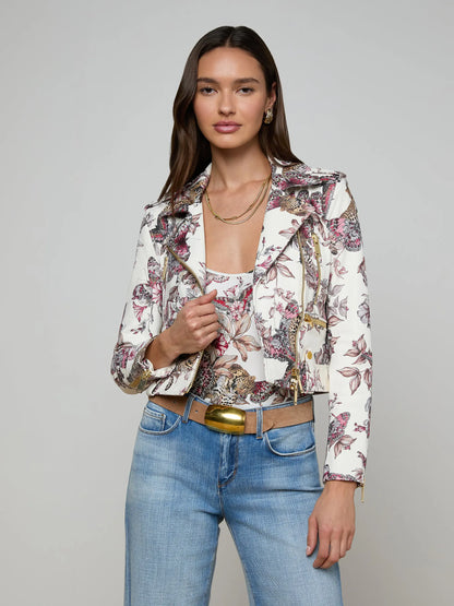 Blakely Leather Biker Jacket White Multi Small Butterfly Jungle - L'AGENCE