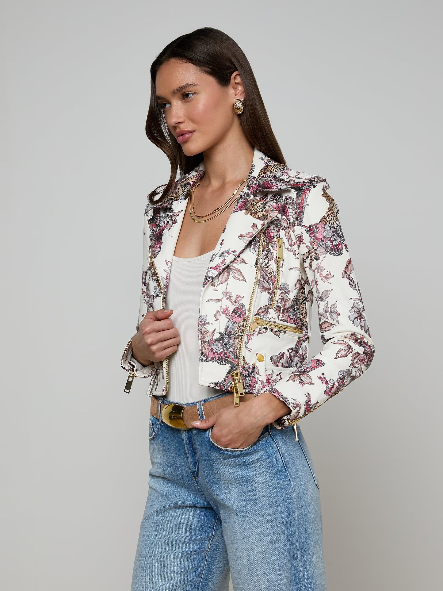 Blakely Leather Biker Jacket White Multi Small Butterfly Jungle - L'AGENCE