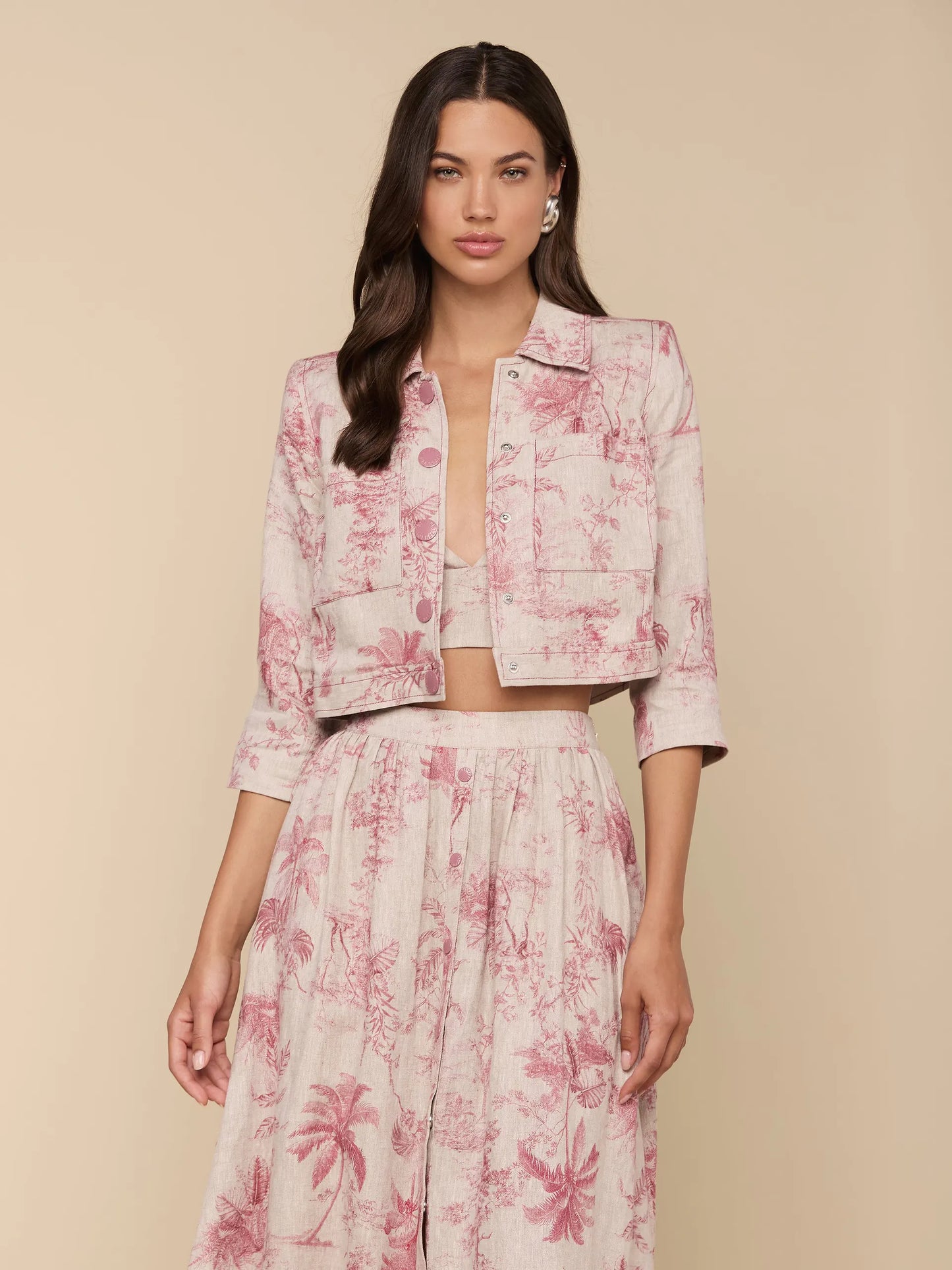 Eda Cropped Linen Jacket Tan Multi Textured Jungle Toile - L'AGENCE