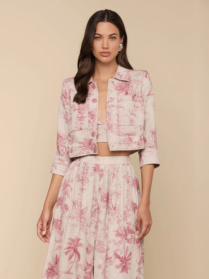 Eda Cropped Linen Jacket Tan Multi Textured Jungle Toile - L'AGENCE