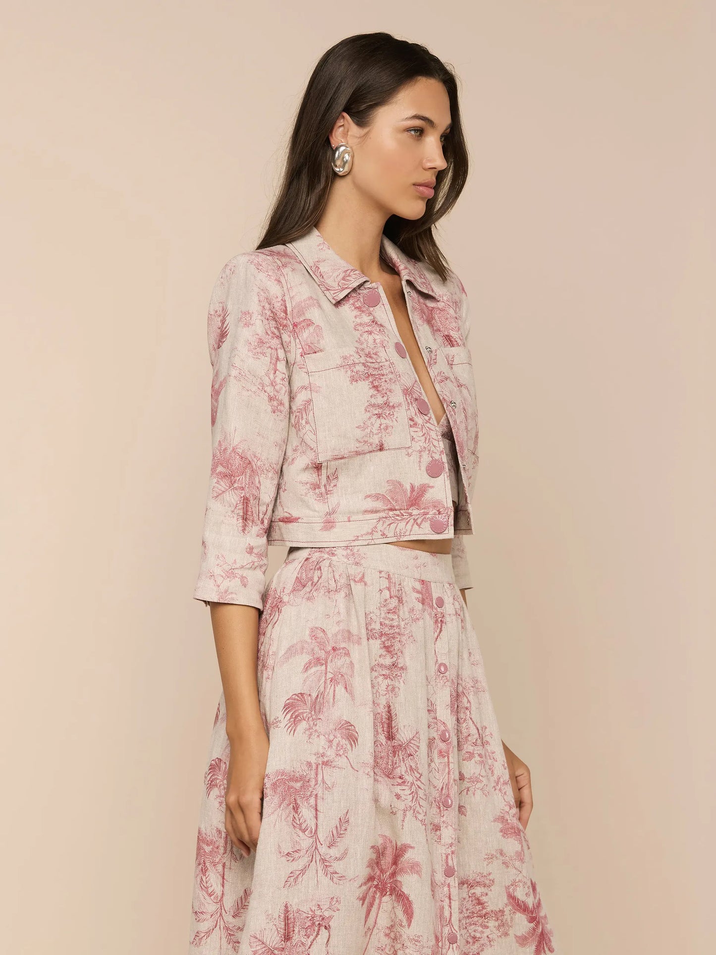 Eda Cropped Linen Jacket Tan Multi Textured Jungle Toile - L'AGENCE