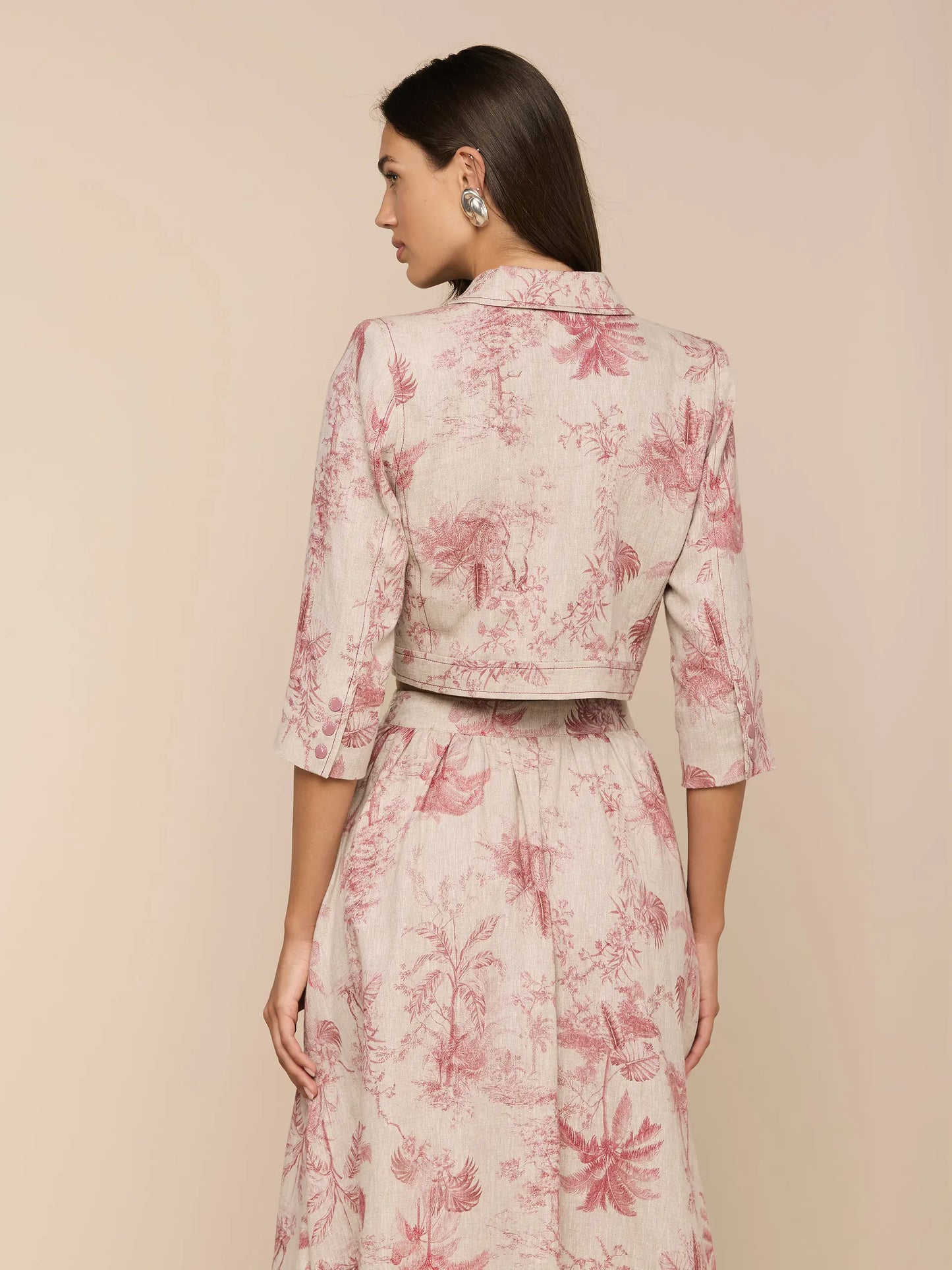Eda Cropped Linen Jacket Tan Multi Textured Jungle Toile - L'AGENCE