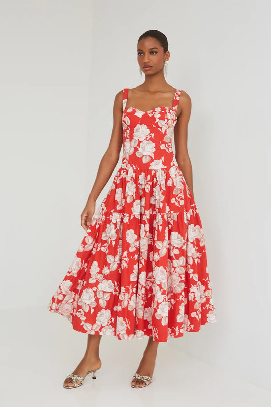 Santiago Midi Dress Rosebud Red - Cara Cara