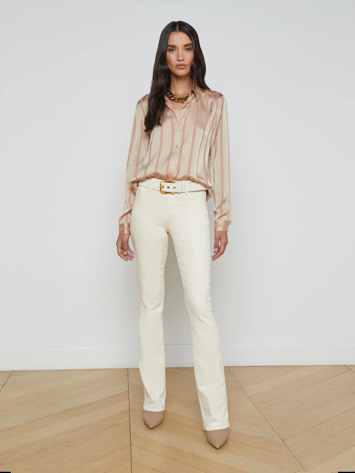 Laurent Satin Blouse Champagne Multi Stripe - L'AGENCE