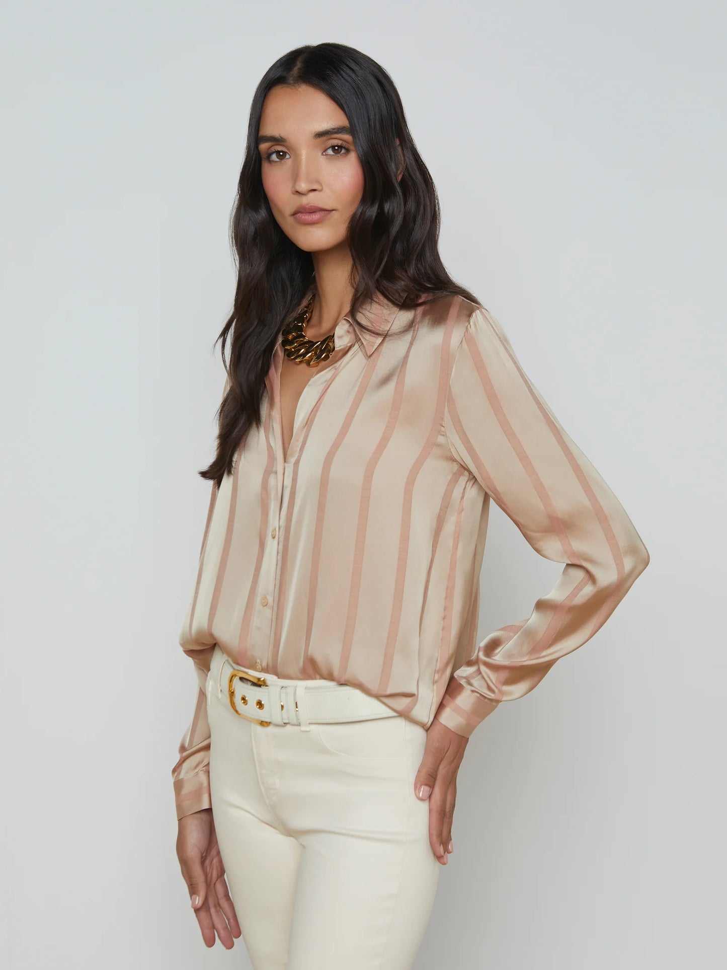 Laurent Satin Blouse Champagne Multi Stripe - L'AGENCE