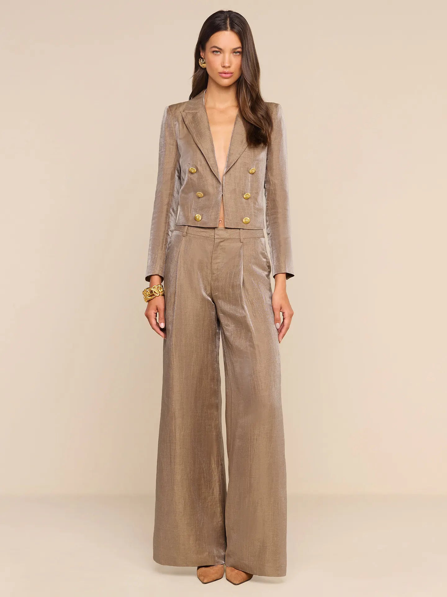 Inez Cropped Blazer Latte/Gold - L'AGENCE