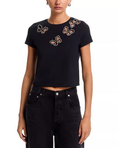 Cindy Embellished Cutout Tee Black/Silver Crystal - Alice + Olivia