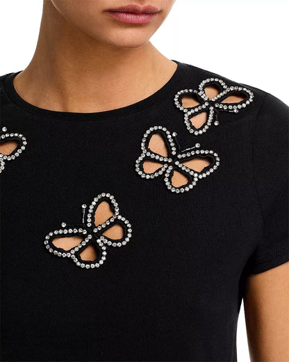 Cindy Embellished Cutout Tee Black/Silver Crystal - Alice + Olivia