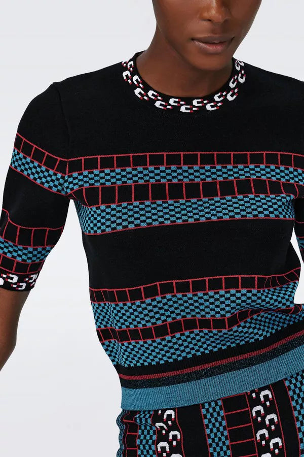 Hudson Knit Jacquard Sweater Fun Checks Blue - Diane Von Furstenberg