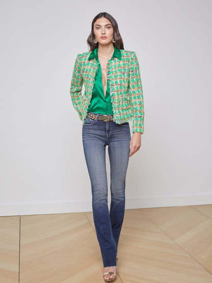 Angelina Tweed Blazer Green Multi Houndstooth Tweed - L'AGENCE