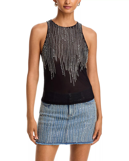 Pania Embellished Tank Off Black/Clear Crystal - Alice + Olivia