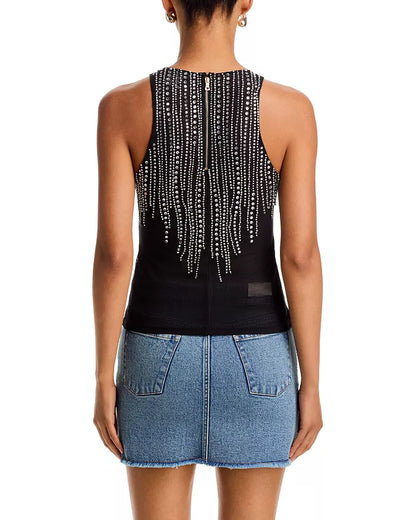 Pania Embellished Tank Off Black/Clear Crystal - Alice + Olivia