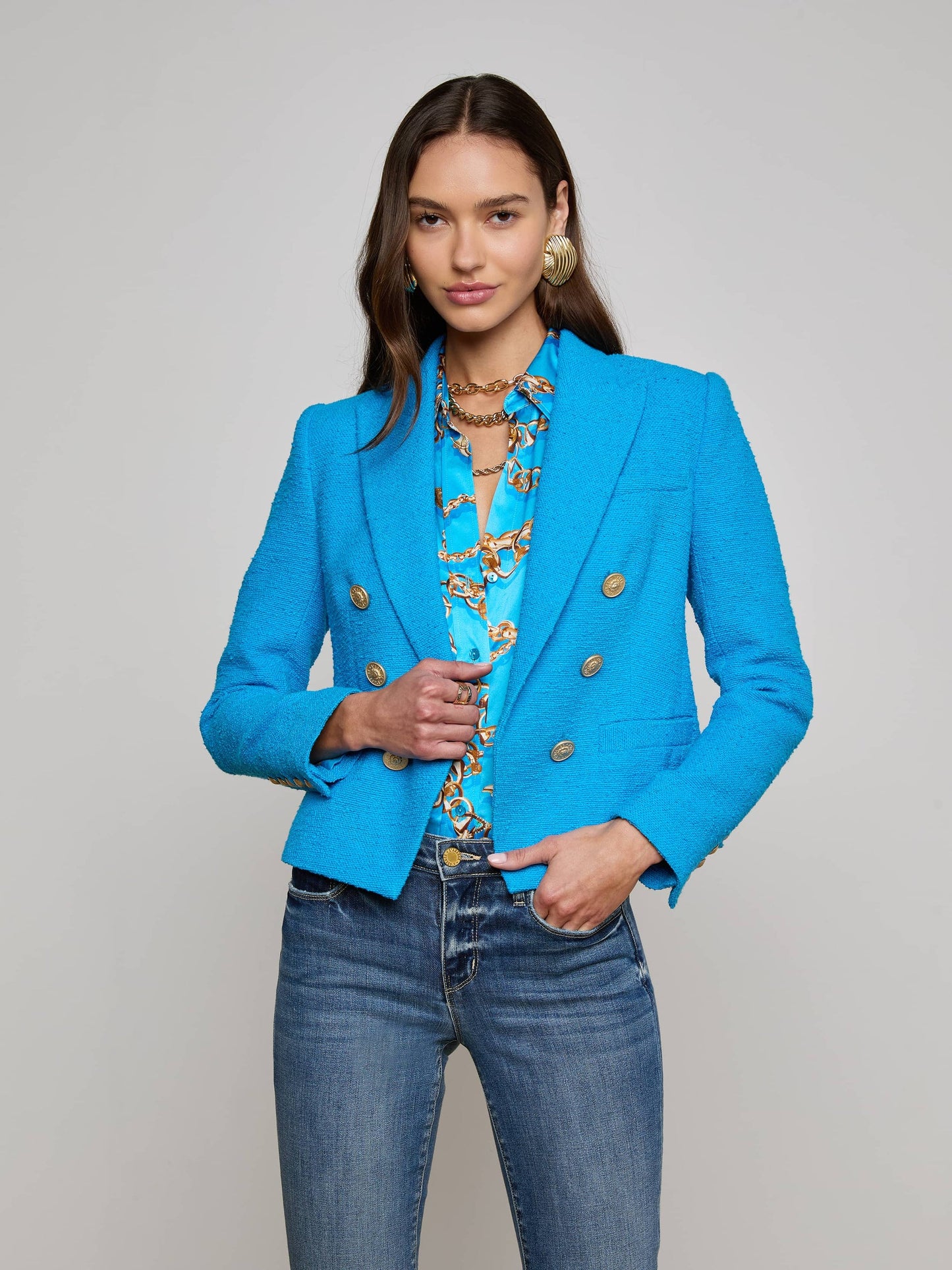 Brooke Tweed Blazer Dresden Blue/Gold Chain - L'AGENCE