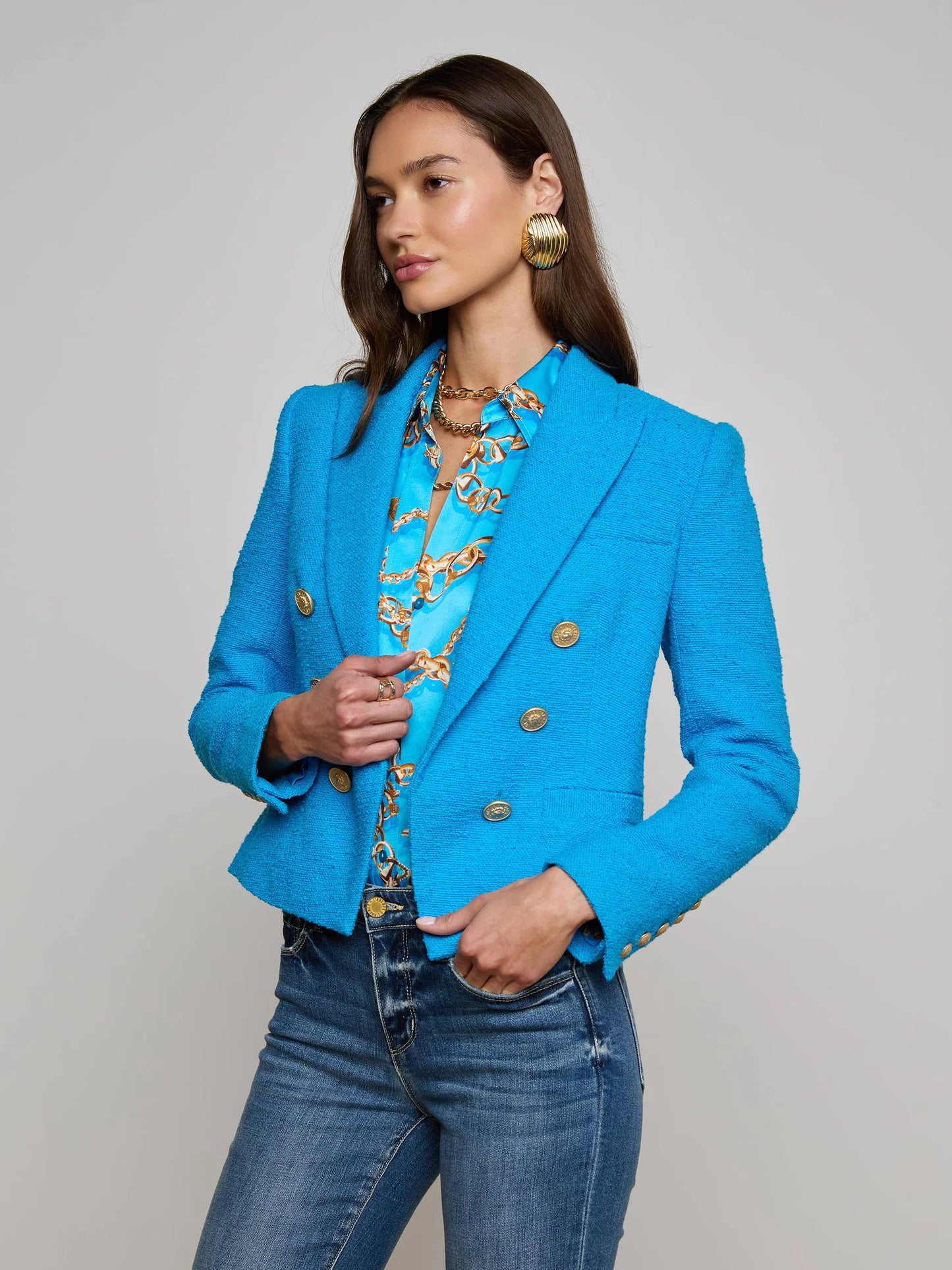 Brooke Tweed Blazer Dresden Blue/Gold Chain - L'AGENCE