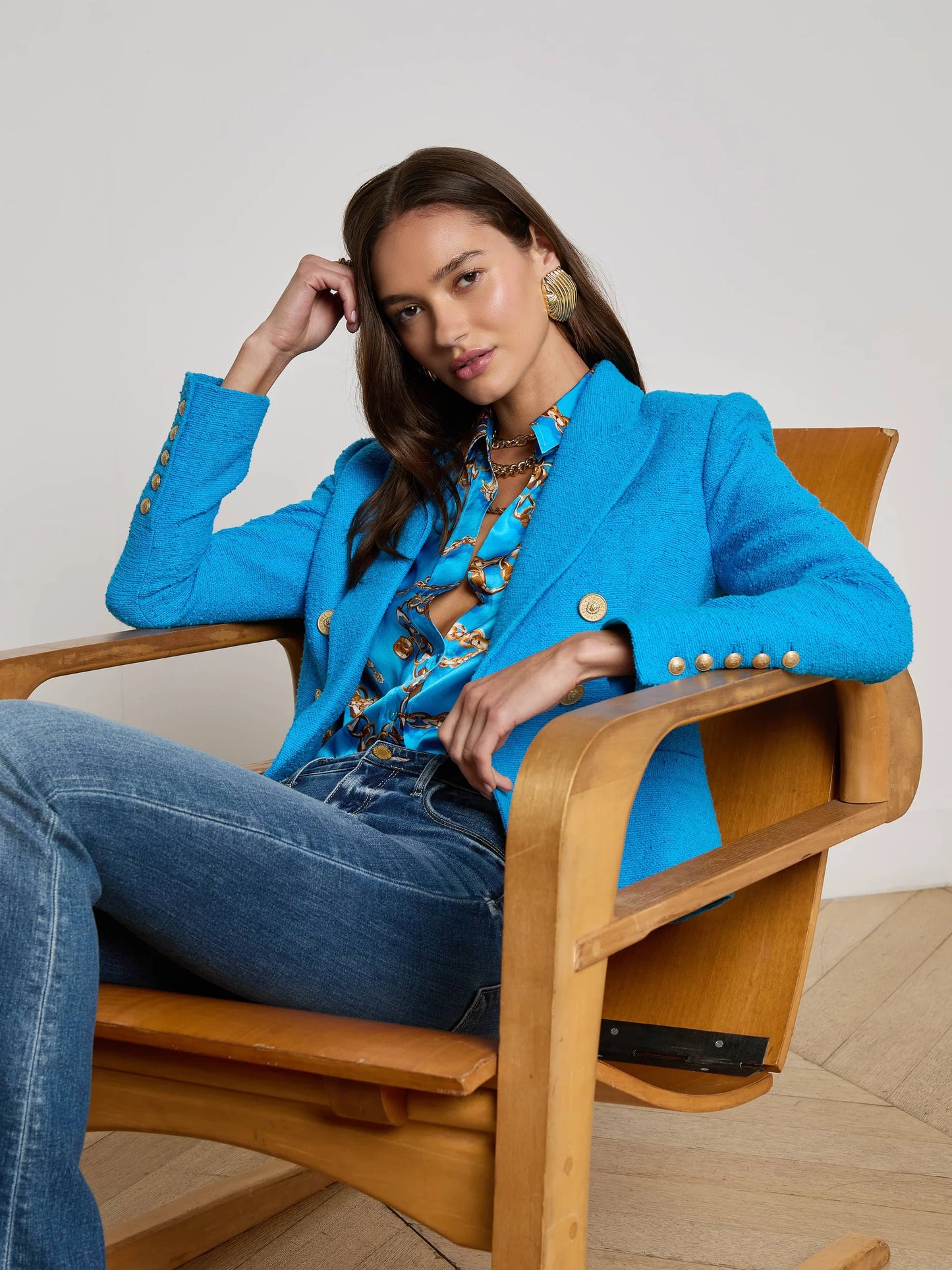 Brooke Tweed Blazer Dresden Blue/Gold Chain - L'AGENCE