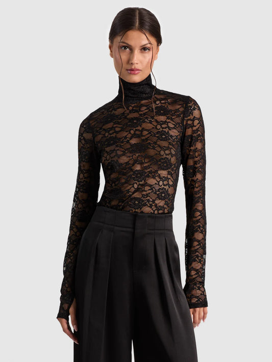 Delaina Lace Turtleneck Top Black - Alice + Olivia