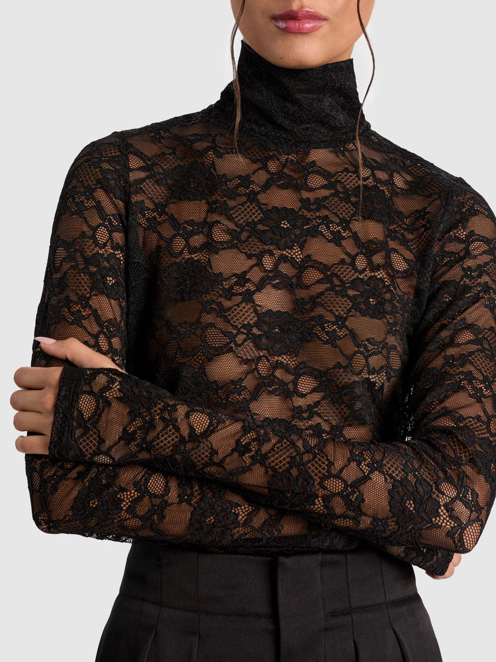 Delaina Lace Turtleneck Top Black - Alice + Olivia