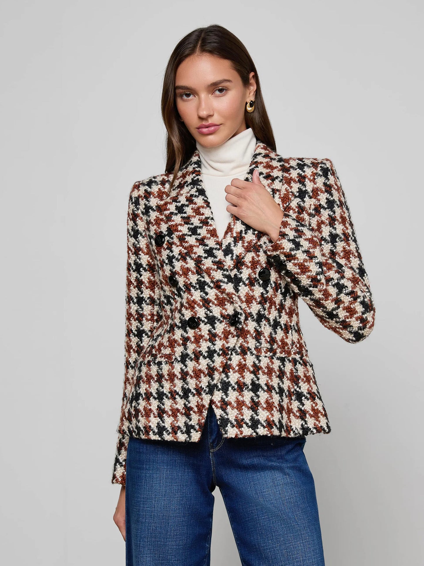 Marie Tweed Blazer Black/Brown/Cream Houndstooth - L'AGENCE