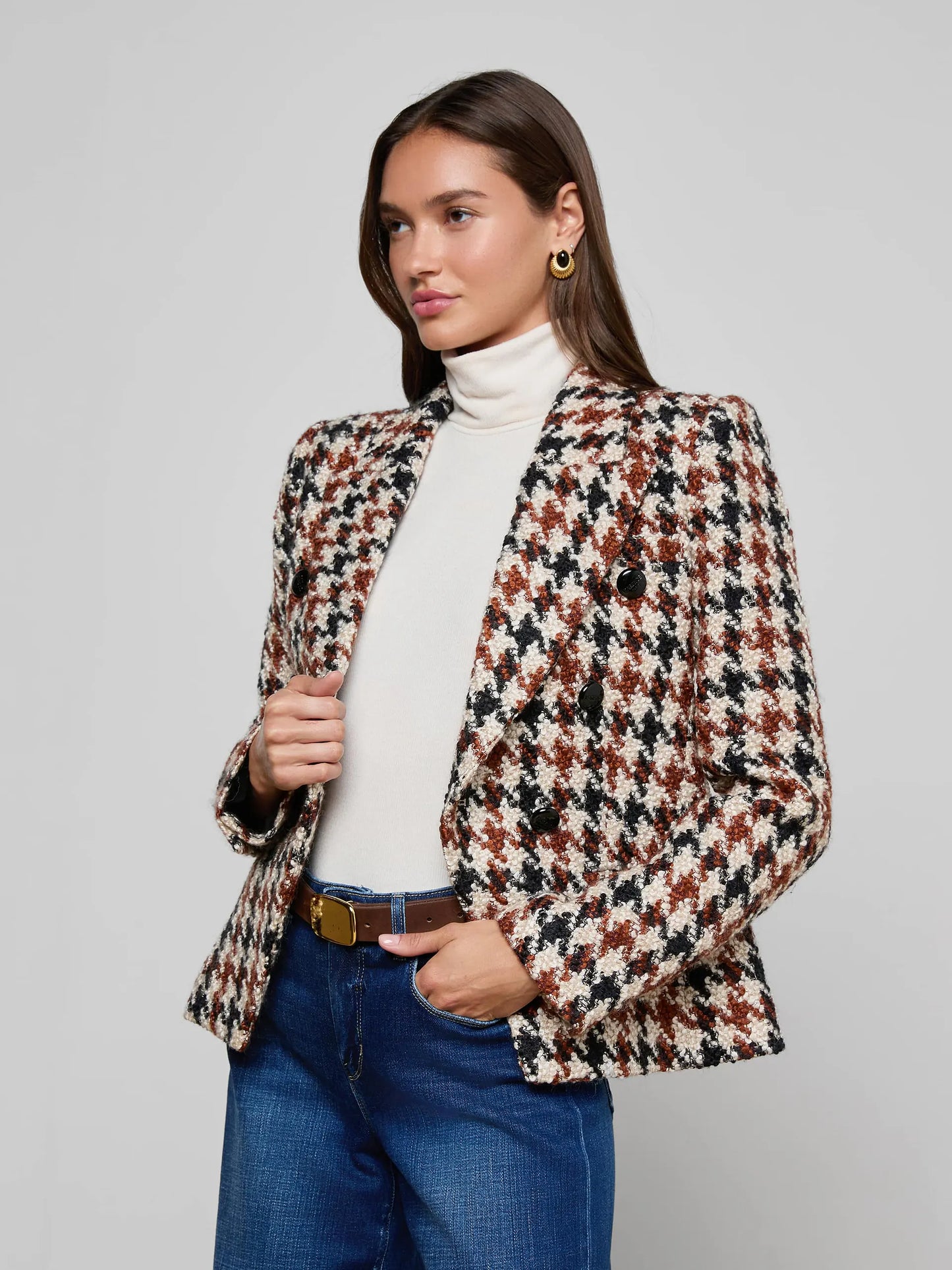 Marie Tweed Blazer Black/Brown/Cream Houndstooth - L'AGENCE