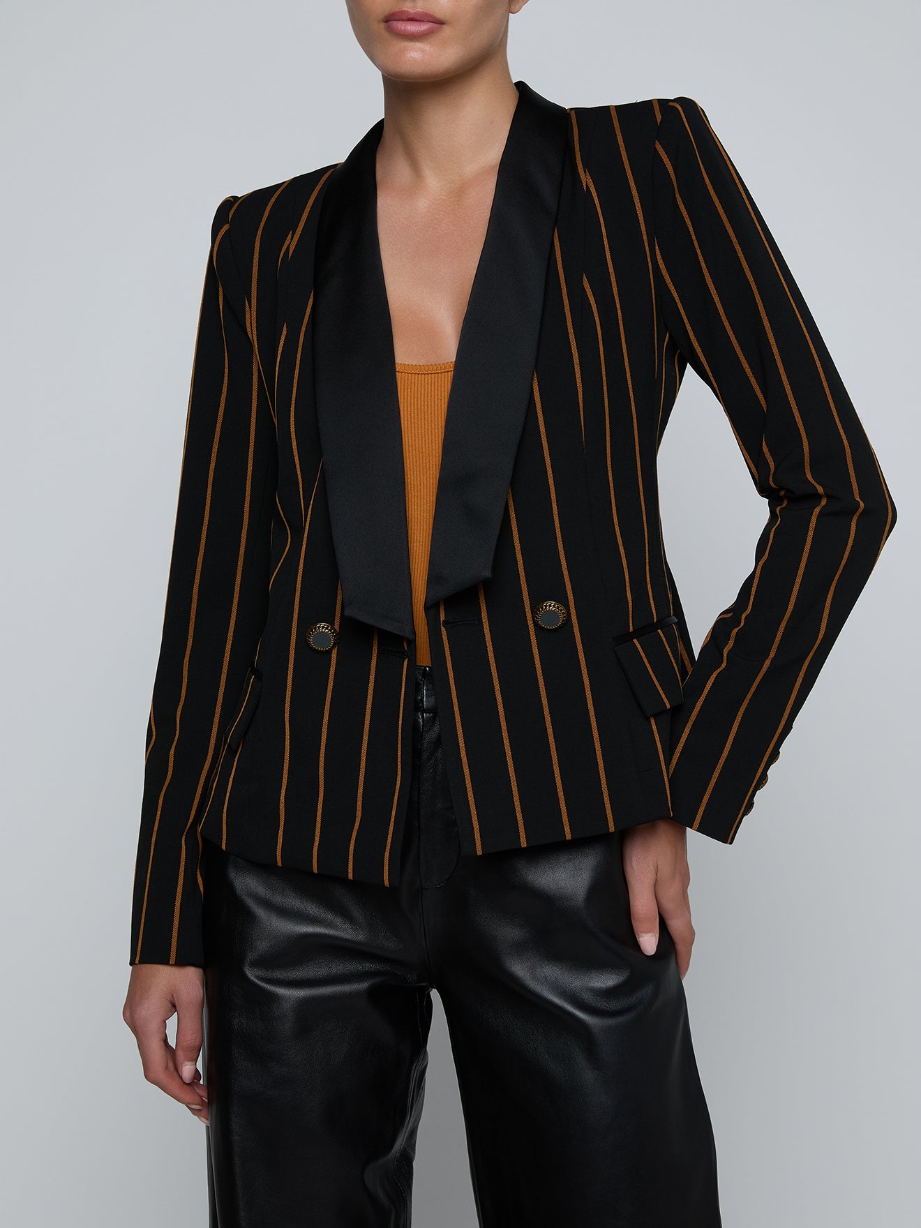 Imogen Satin Lapel Blazer Black/Dijon Pinstripe - L'AGENCE