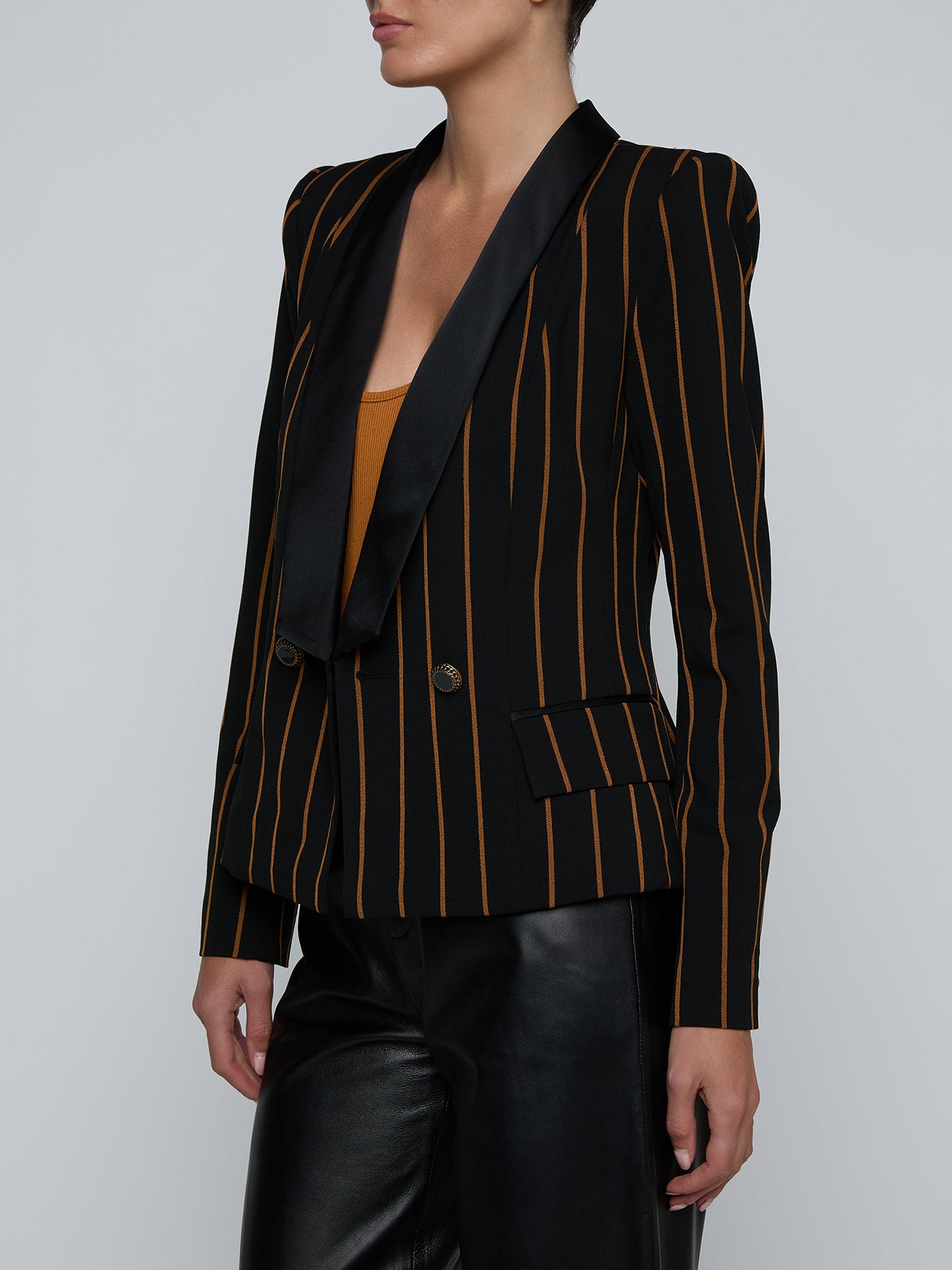 Imogen Satin Lapel Blazer Black/Dijon Pinstripe - L'AGENCE