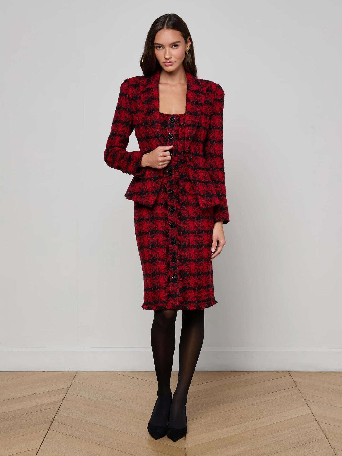 Kaisley Tweed Blazer Red Black Houndstooth - L'AGENCE