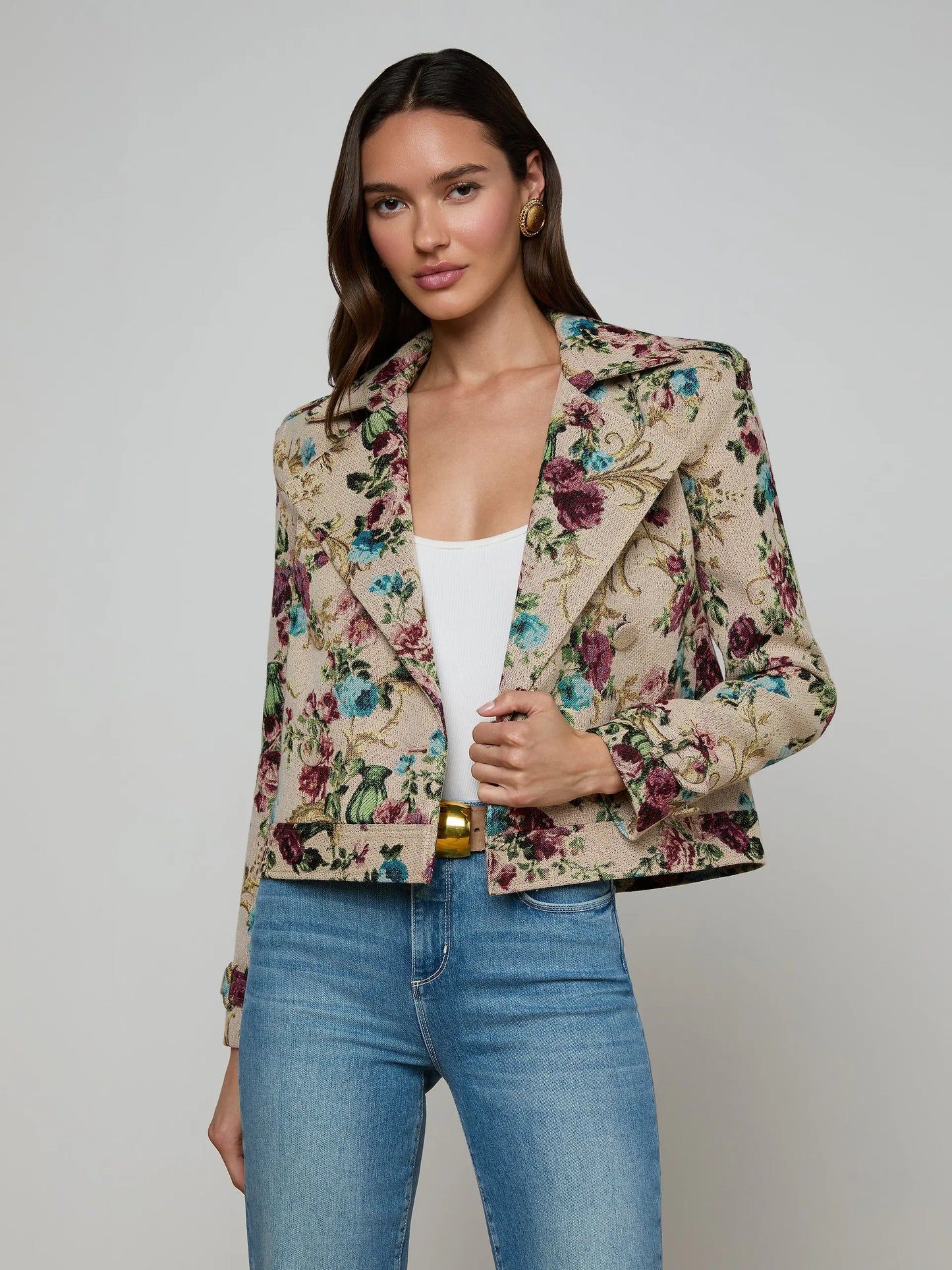 Xoey Cropped Trench Coat Multi Floral Tapestry - L'AGENCE