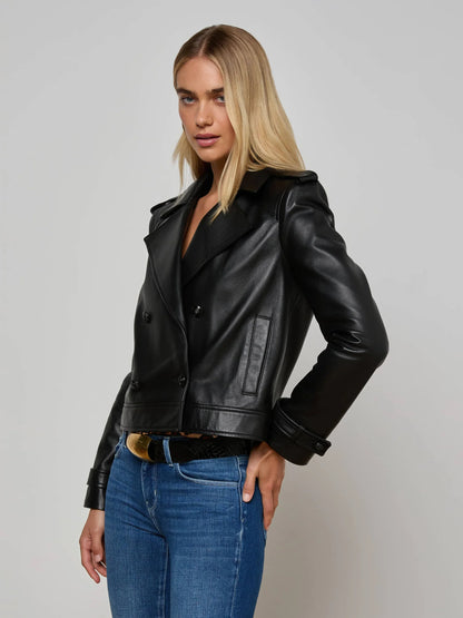 Xoey Cropped Leather Trench Coat Black - L'AGENCE