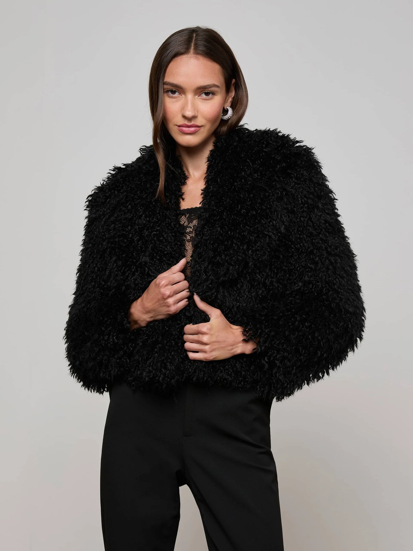 Aura Cropped Faux Fur Jacket Black - L'AGENCE