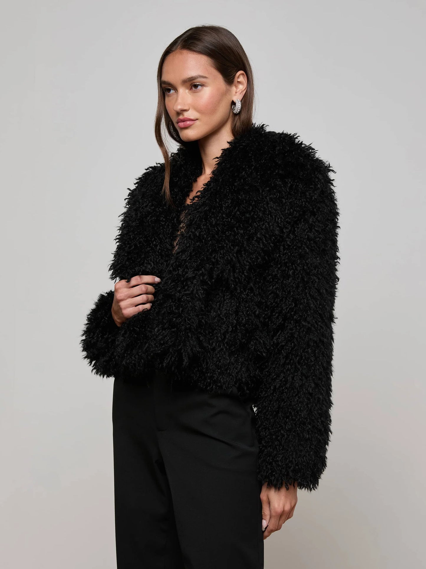 Aura Cropped Faux Fur Jacket Black - L'AGENCE