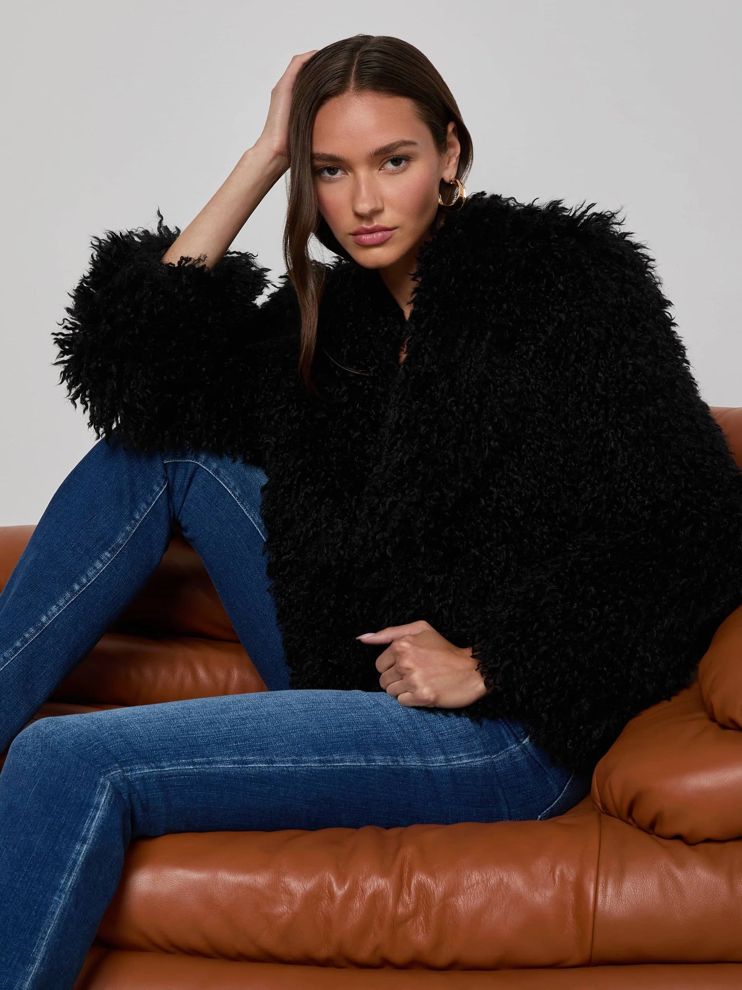 Aura Cropped Faux Fur Jacket Black - L'AGENCE
