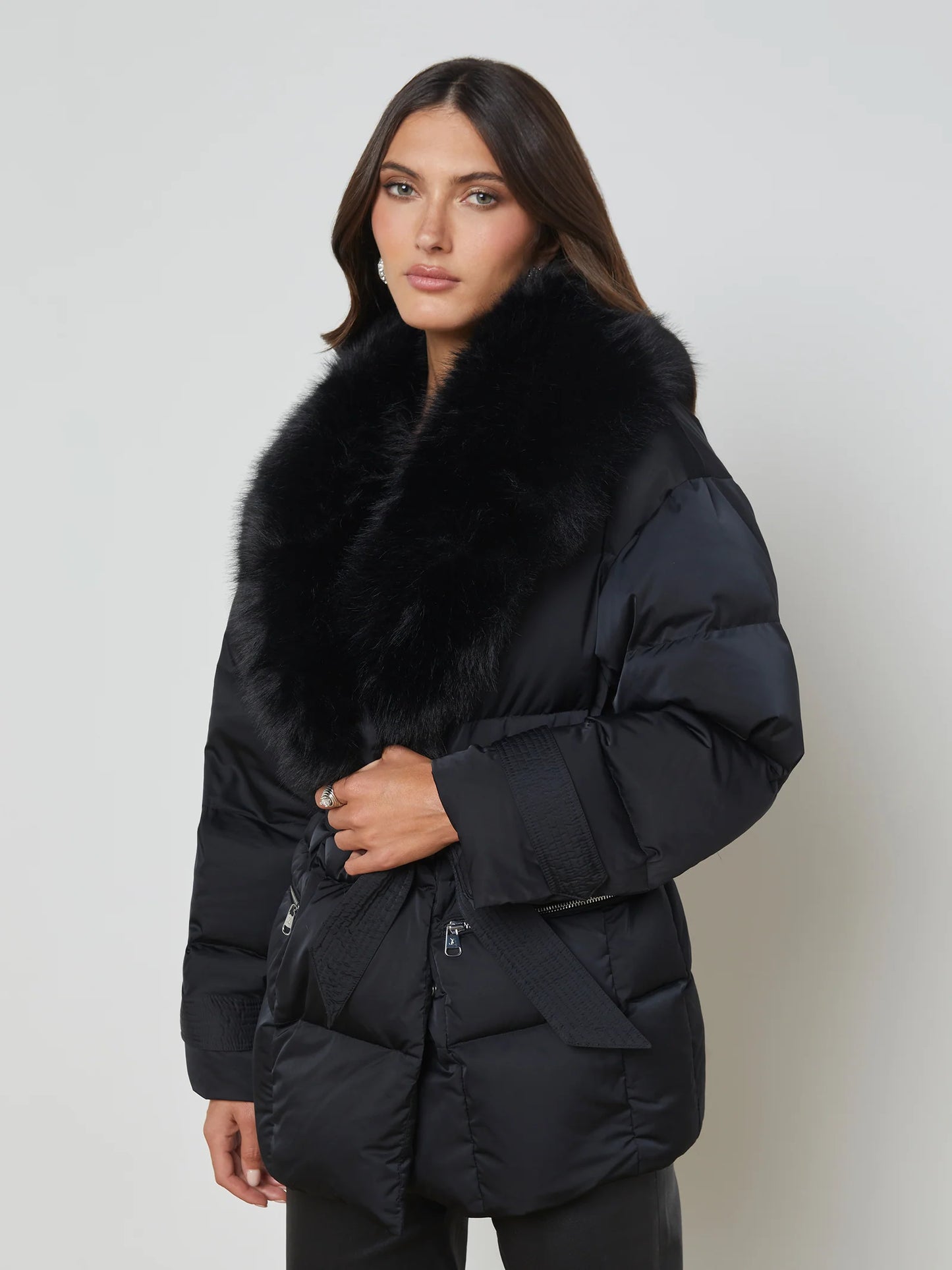 Vail Faux Fur Down Coat Black - L'AGENCE