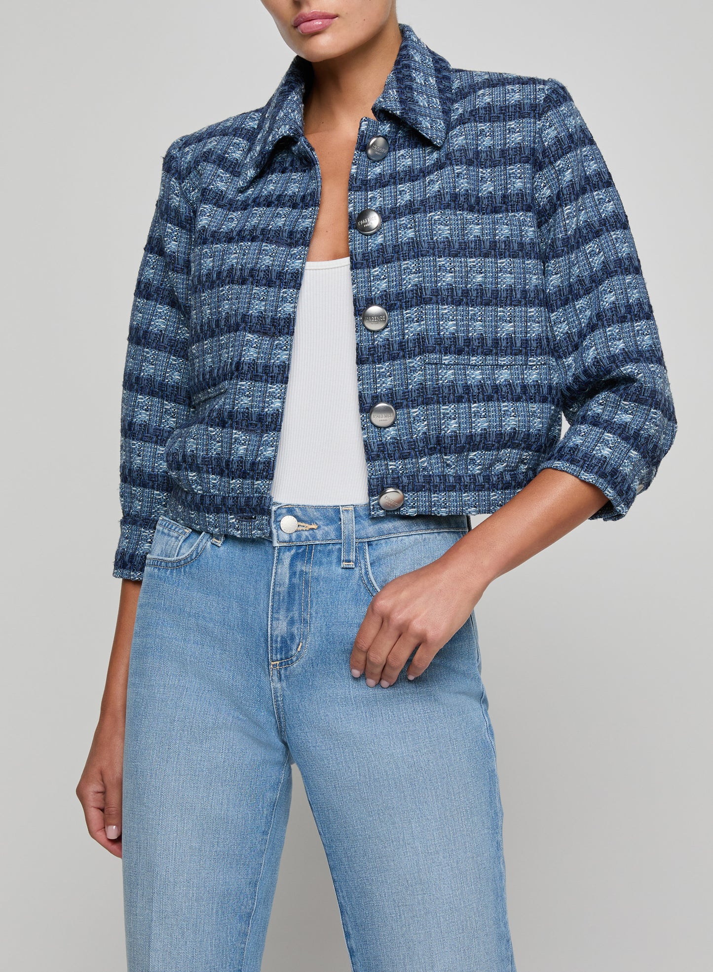 Jia Cropped Tweed Jacket Blue Multi Stripe - L'AGENCE